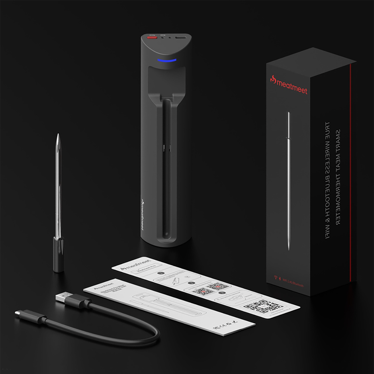 Meatmeet Pro išmanus virtuvės termometras su Bluetooth/WiFi programa, šildymo grilis, orkaitė, rūkytoja - juoda --...