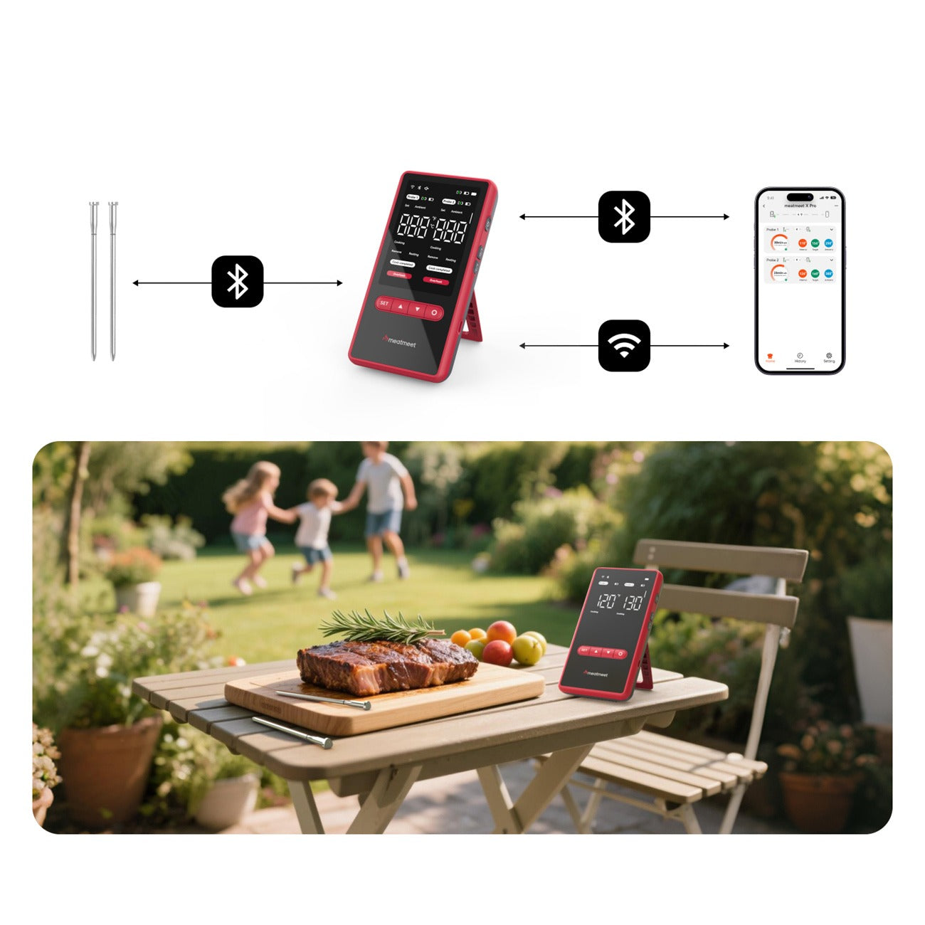 Meatmeet X Pro virtuvės termometras su Bluetooth/WiFi programa šildymui, orkaitei, rūkymo aparatui - juodas -- Uncategorized