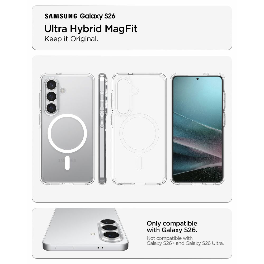 Spigen Ultra Hybrid Mag MagSafe Dėklas, skirtas Samsung Galaxy S26 – skaidrus ir baltas