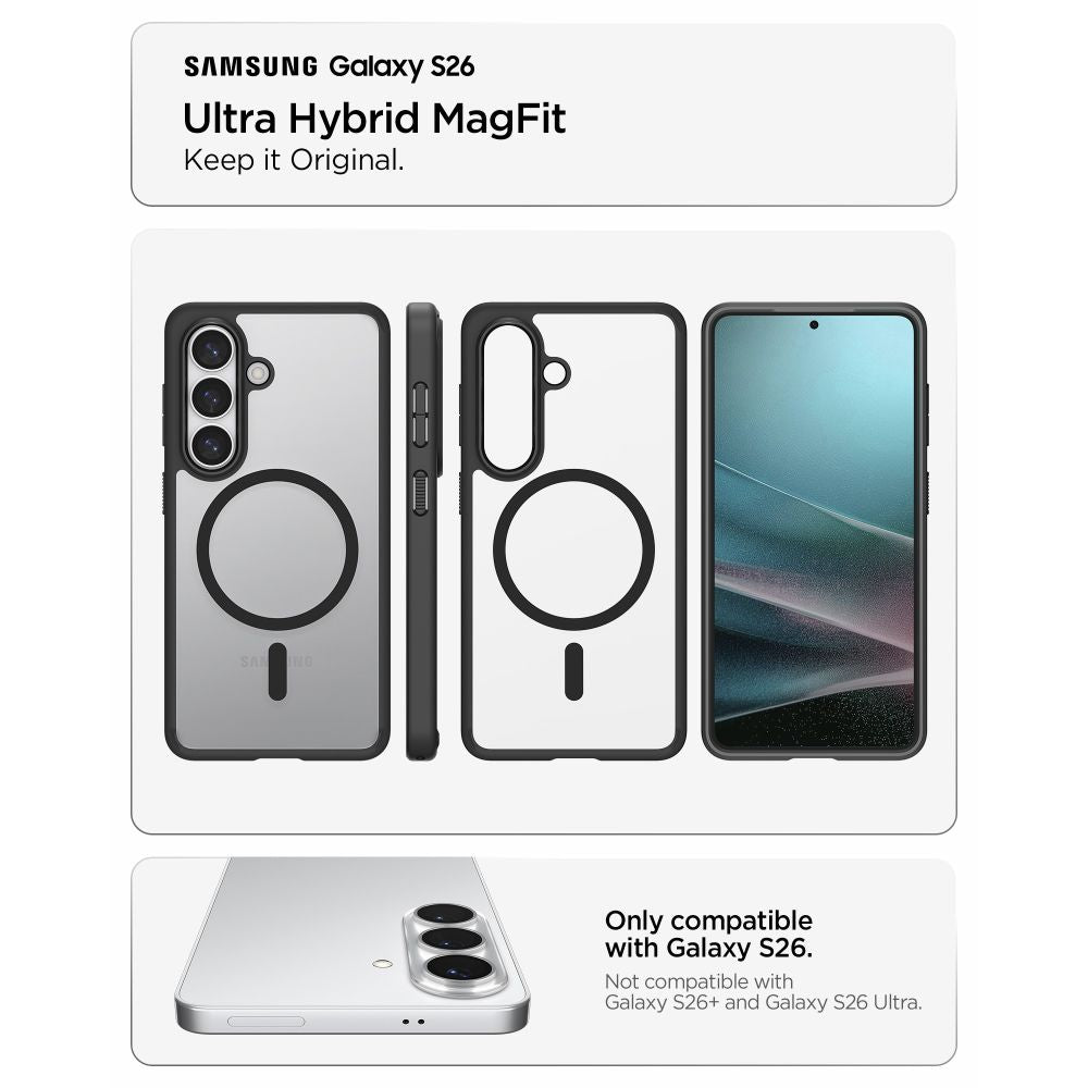 Spigen Ultra Hybrid Mag MagSafe dėklas, skirtas Samsung Galaxy S26 – skaidrus juodas