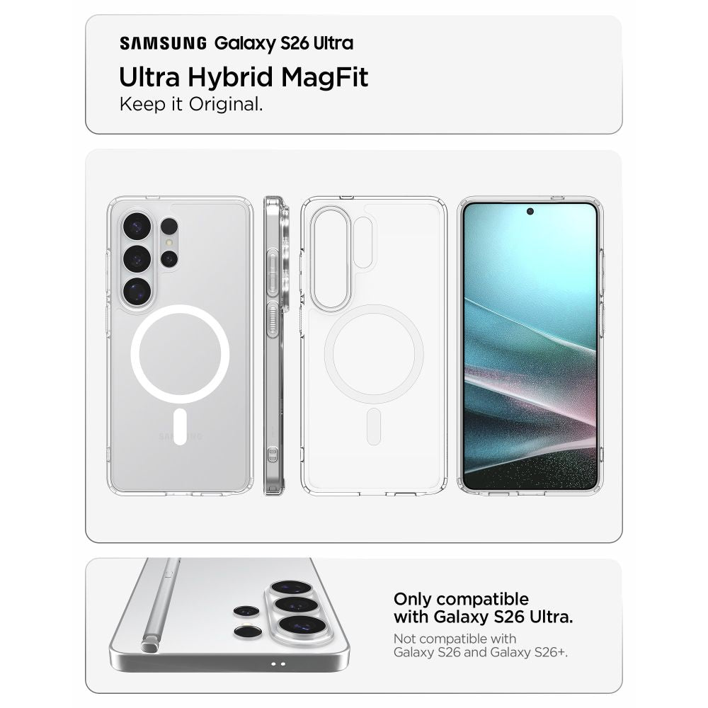 Spigen Ultra Hybrid Mag MagSafe Dėklas, skirtas Samsung Galaxy S26 Ultra - skaidrus ir baltas
