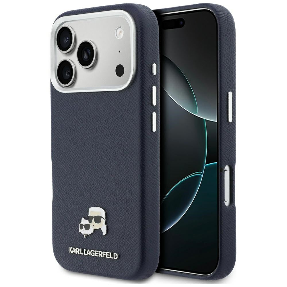 Karl Lagerfeld Karl & Choupette Head Pins Saffiano MagSafe dėklas iPhone 17 Pro - mėlynas -- iPhone 17 Pro