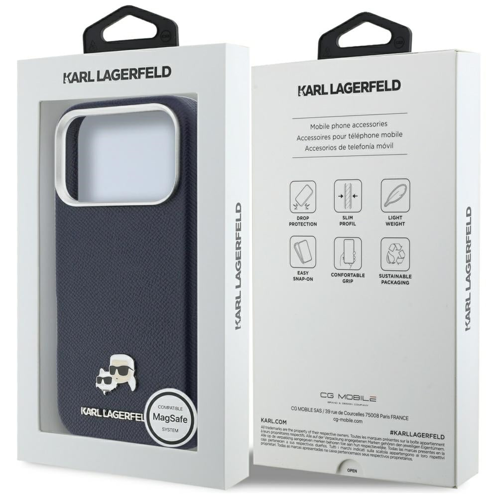 Karl Lagerfeld Karl & Choupette Head Pins Saffiano MagSafe dėklas iPhone 17 Pro - mėlynas -- iPhone 17 Pro