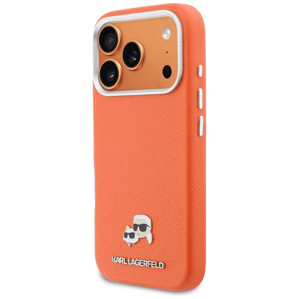 Karl Lagerfeld Karl & Choupette Head Pins Saffiano MagSafe dėklas iPhone 17 Pro - oranžinis -- iPhone 17 Pro