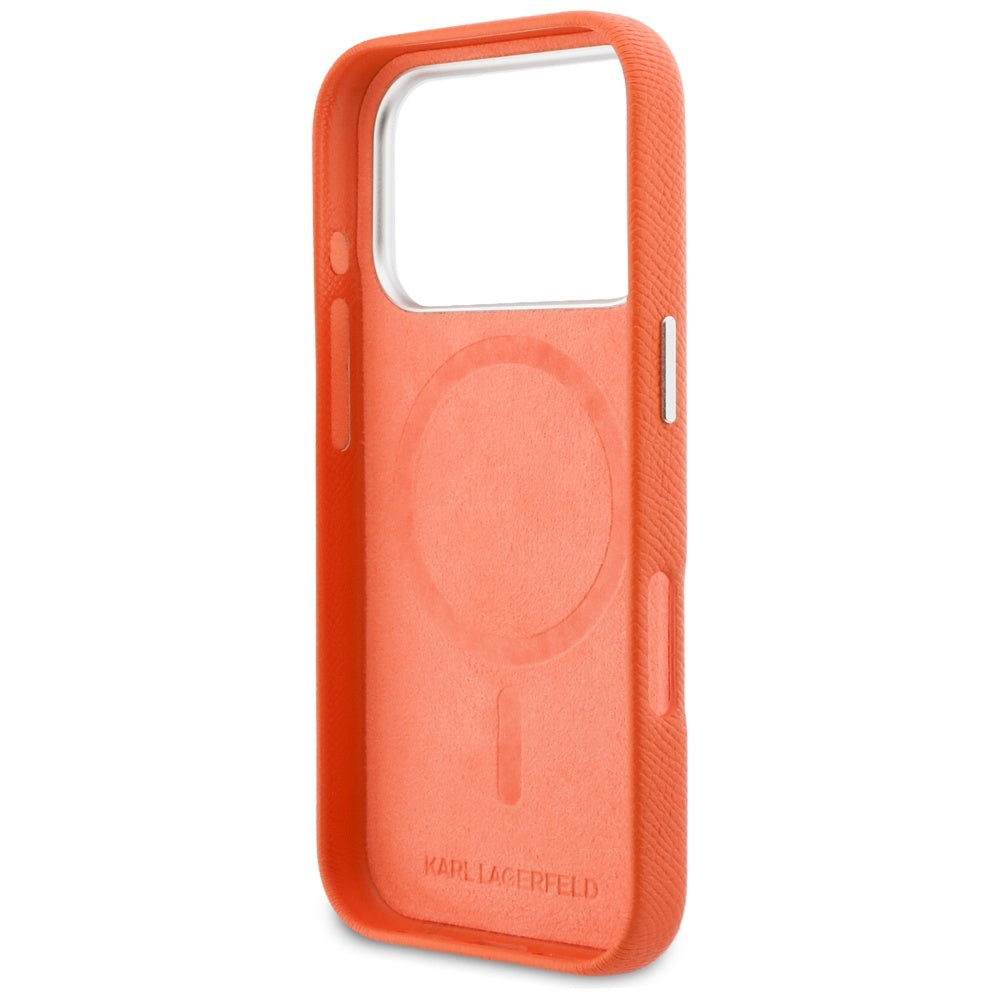 Karl Lagerfeld Karl & Choupette Head Pins Saffiano MagSafe dėklas iPhone 17 Pro - oranžinis -- iPhone 17 Pro