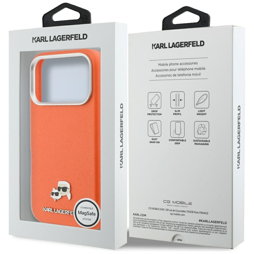 Karl Lagerfeld Karl & Choupette Head Pins Saffiano MagSafe dėklas iPhone 17 Pro - oranžinis -- iPhone 17 Pro