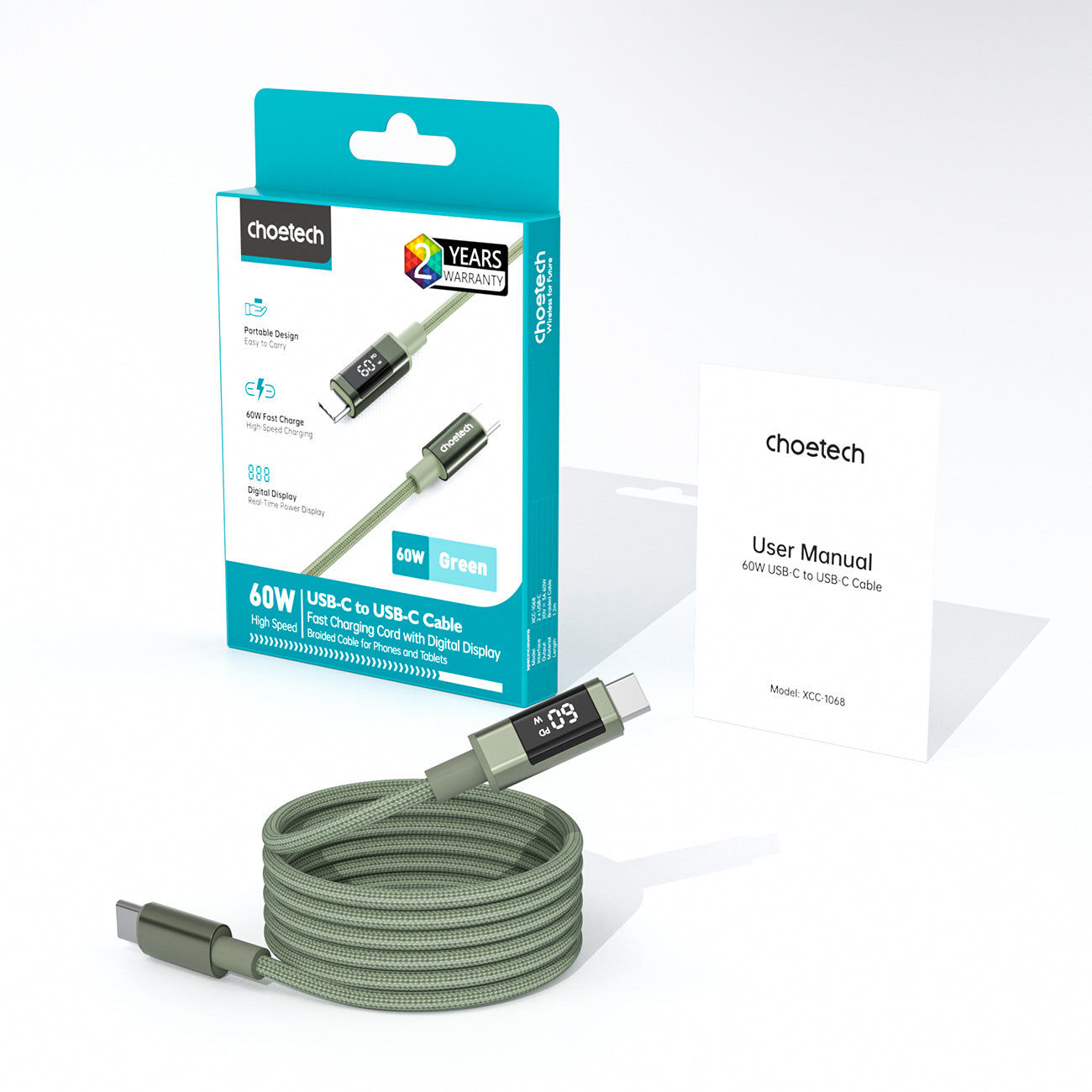 Choetech XCC-1068 __TK1__ 60__TK2__ USB-C - USB-C Kabelis su ekranu 1.2 m - žalias