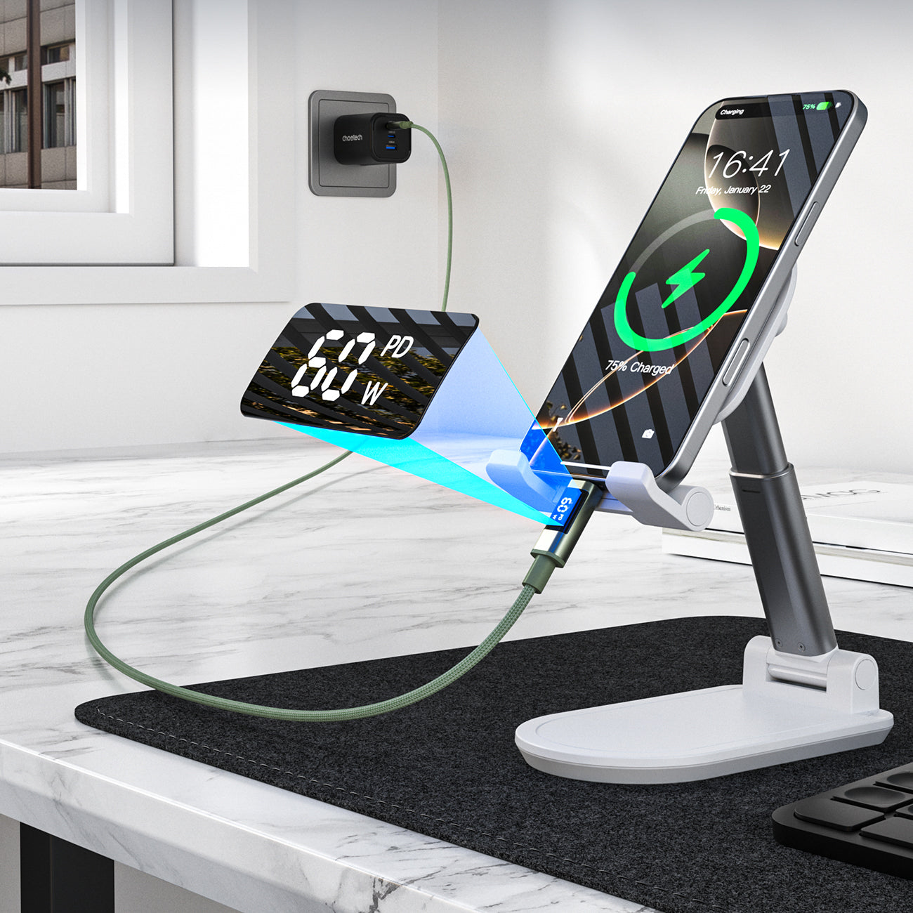 Choetech XCC-1068 __TK1__ 60__TK2__ USB-C - USB-C Kabelis su ekranu 1.2 m - žalias
