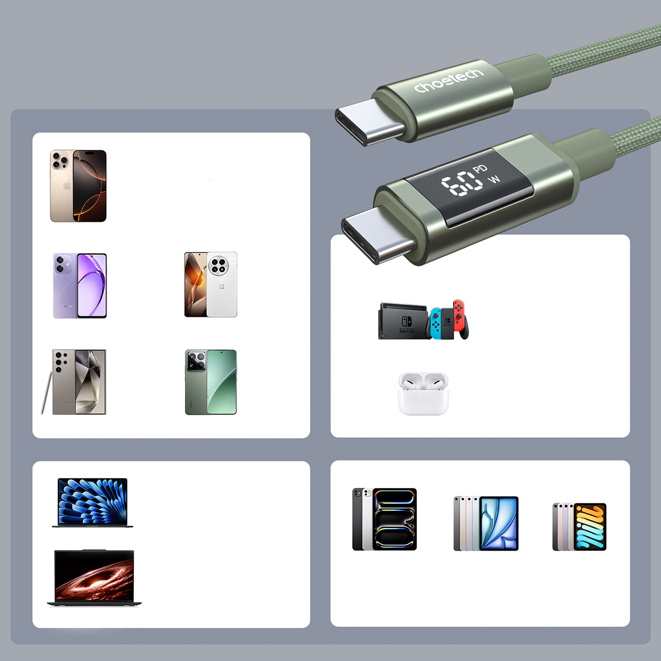 Choetech XCC-1068 __TK1__ 60__TK2__ USB-C - USB-C Kabelis su ekranu 1.2 m - žalias