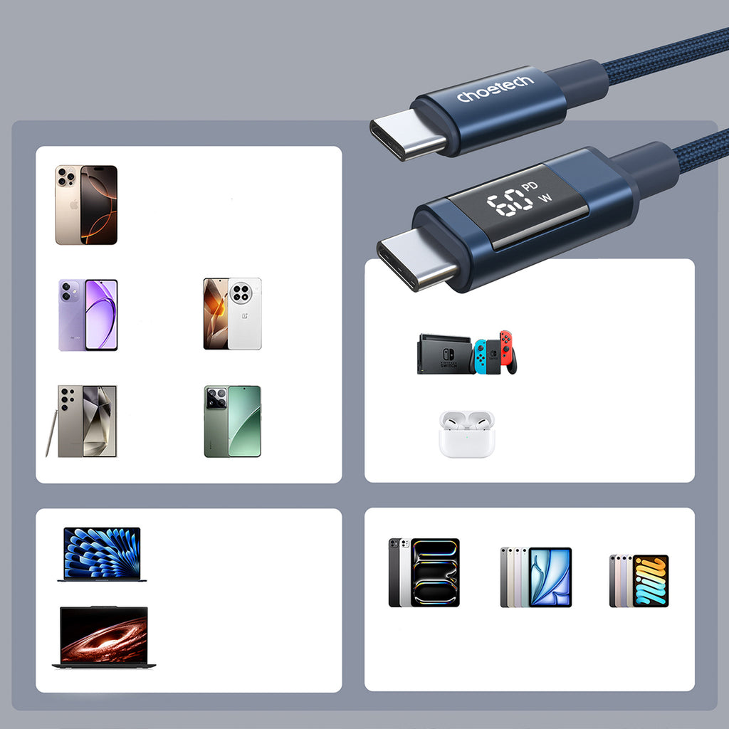 Choetech XCC-1068 __TK1__ 60__TK2__ USB-C - USB-C Kabelis su ekranu 1.2 m - Mėlynas