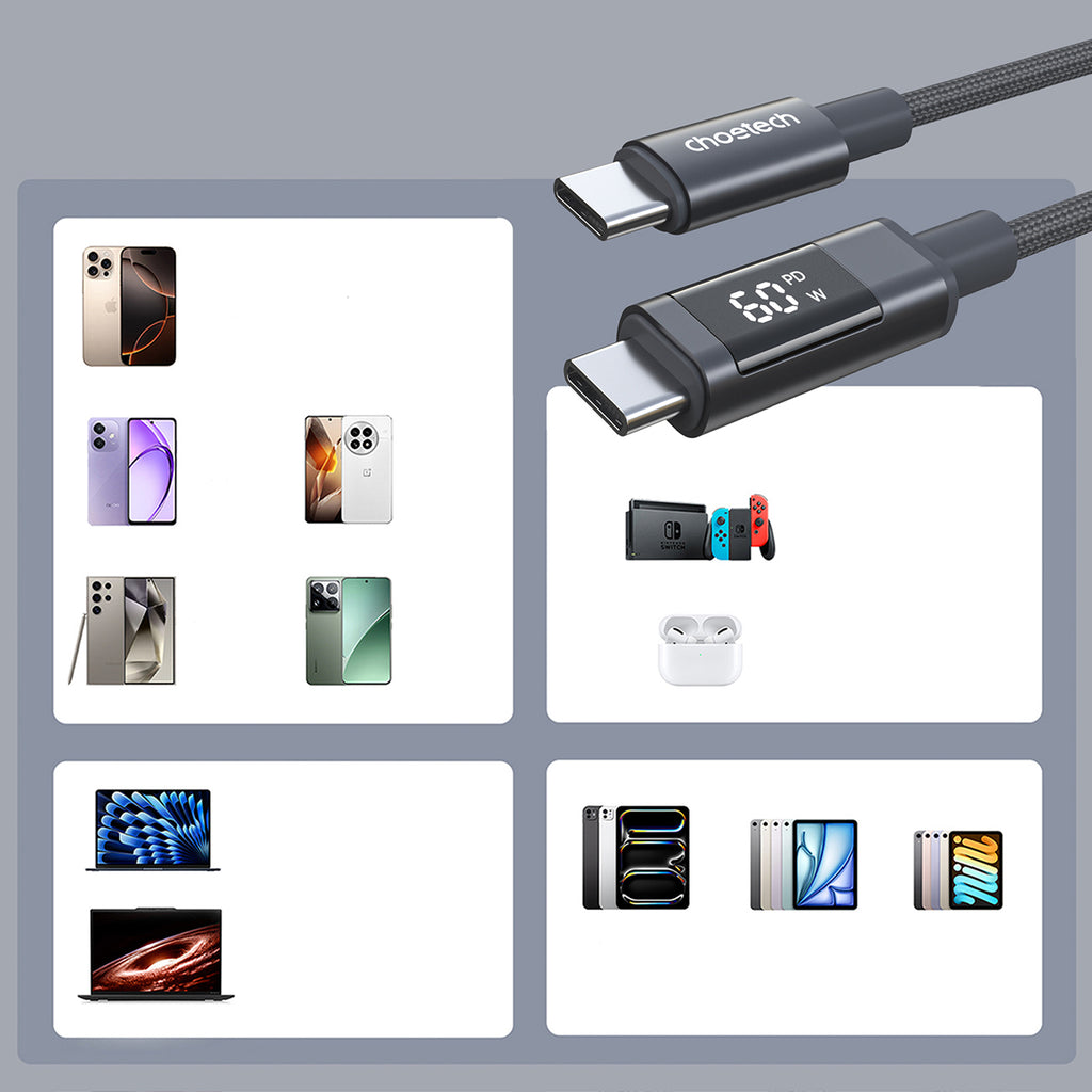 Choetech XCC-1068 __TK1__ 60__TK2__ USB-C - USB-C Kabelis su ekranu 1.2 m - juodas