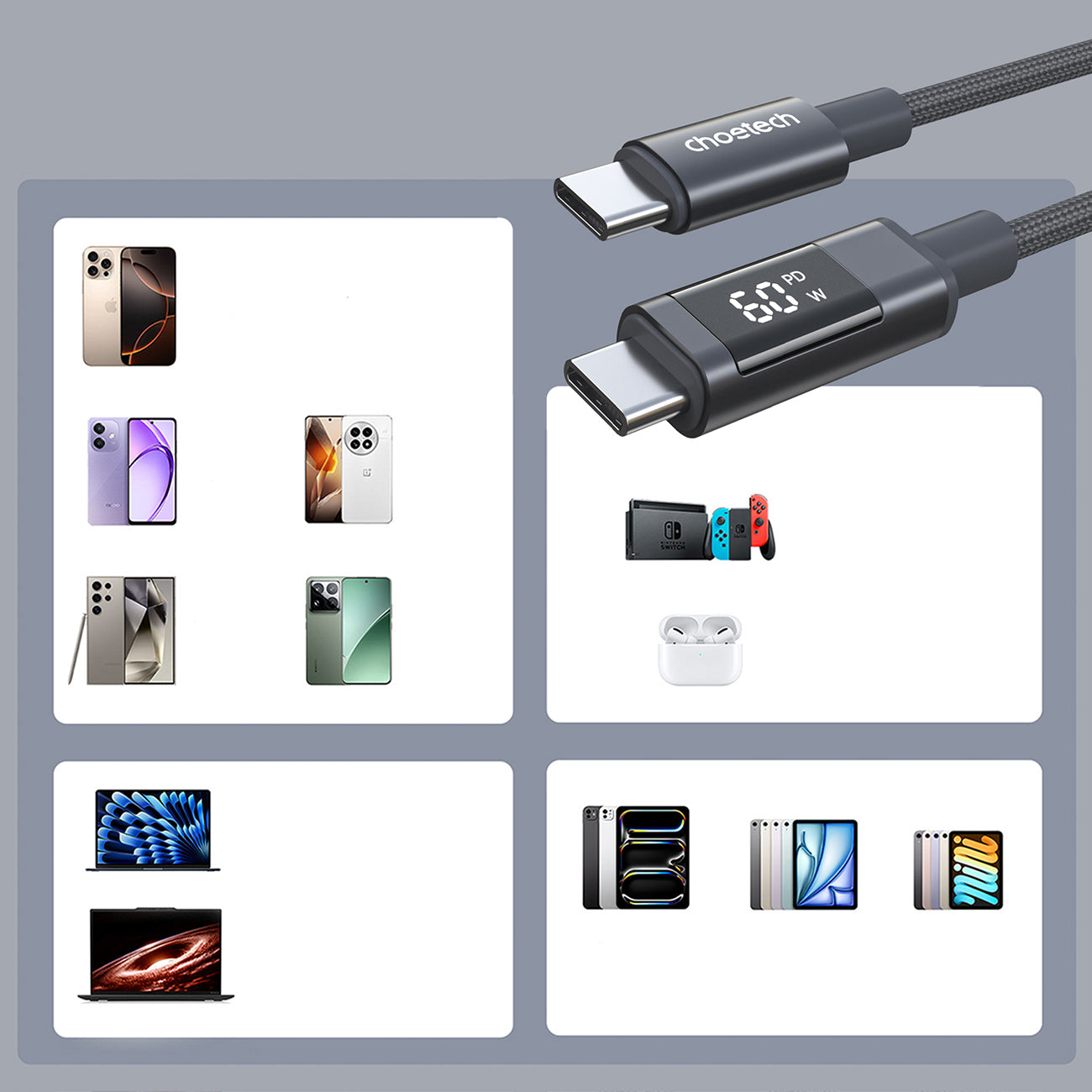 Choetech XCC-1068 __TK1__ 60__TK2__ USB-C - USB-C Kabelis su ekranu 1.2 m - juodas