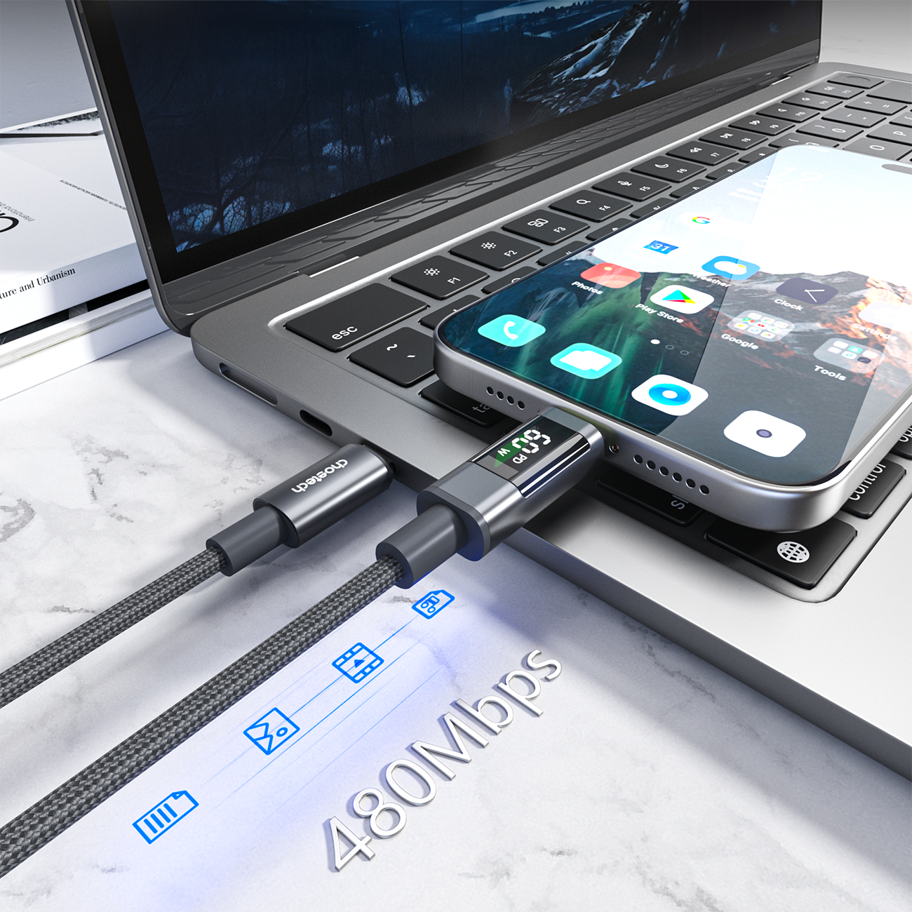Choetech XCC-1068 __TK1__ 60__TK2__ USB-C - USB-C Kabelis su ekranu 1.2 m - juodas