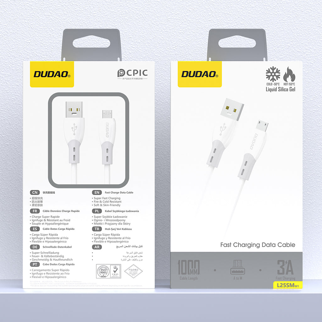 Dudao Laidas L25SM USB-A - micro USB 3A 1 m su minkštu silikoniniu pynimu - baltas