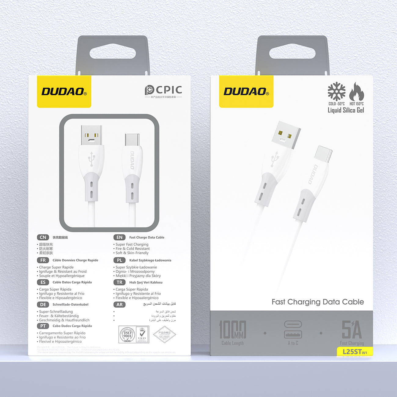 Dudao Laidas L25ST USB-A - USB-C 5A 1 m su minkštu silikoniniu pynimu - baltas