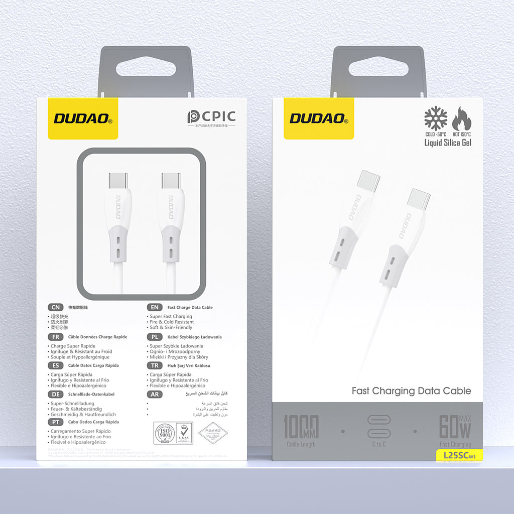 Dudao Laidas L25SC USB-C - USB-C 60W 1m su minkštu silikoniniu pynimu - baltas