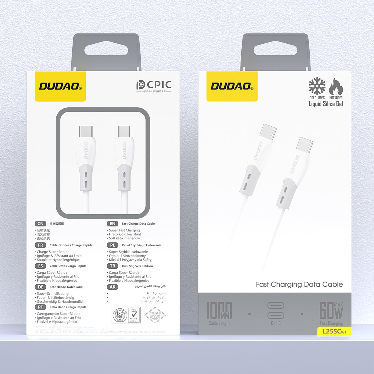 Dudao Laidas L25SC USB-C - USB-C 60W 1m su minkštu silikoniniu pynimu - baltas