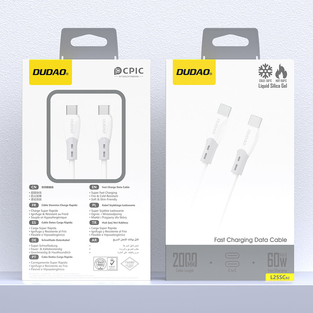 Dudao Laidas L25SC USB-C - USB-C 60W 2m su minkštu silikoniniu pynimu - baltas