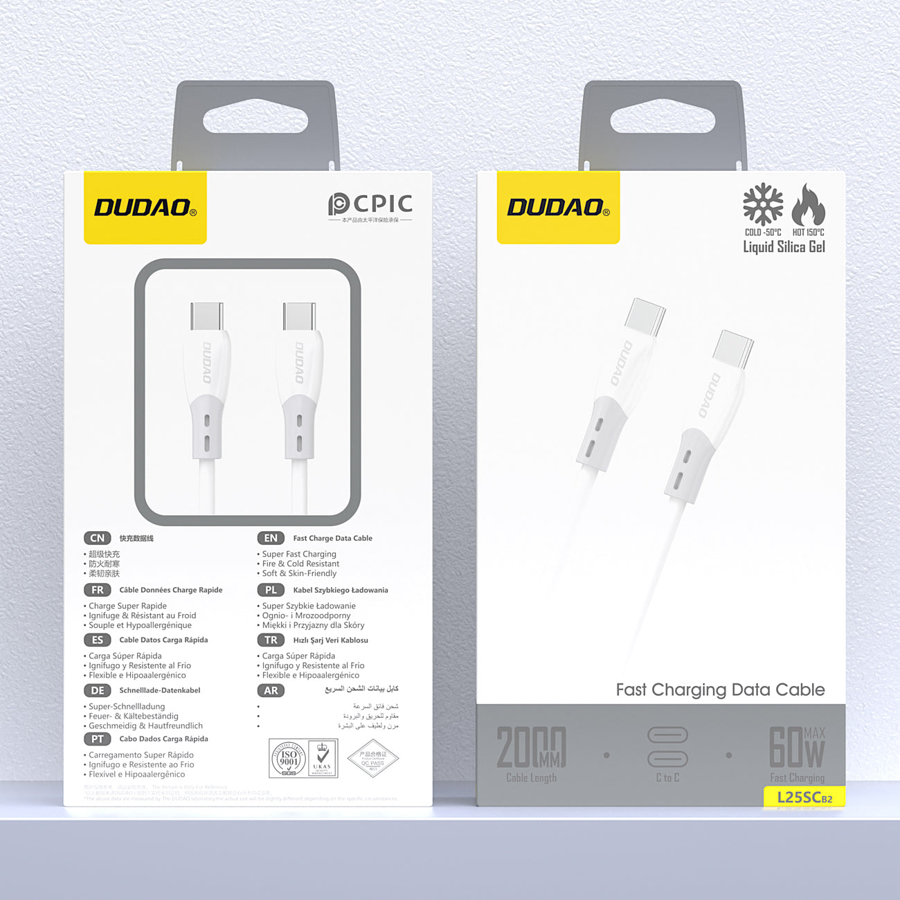 Dudao Laidas L25SC USB-C - USB-C 60W 2m su minkštu silikoniniu pynimu - baltas