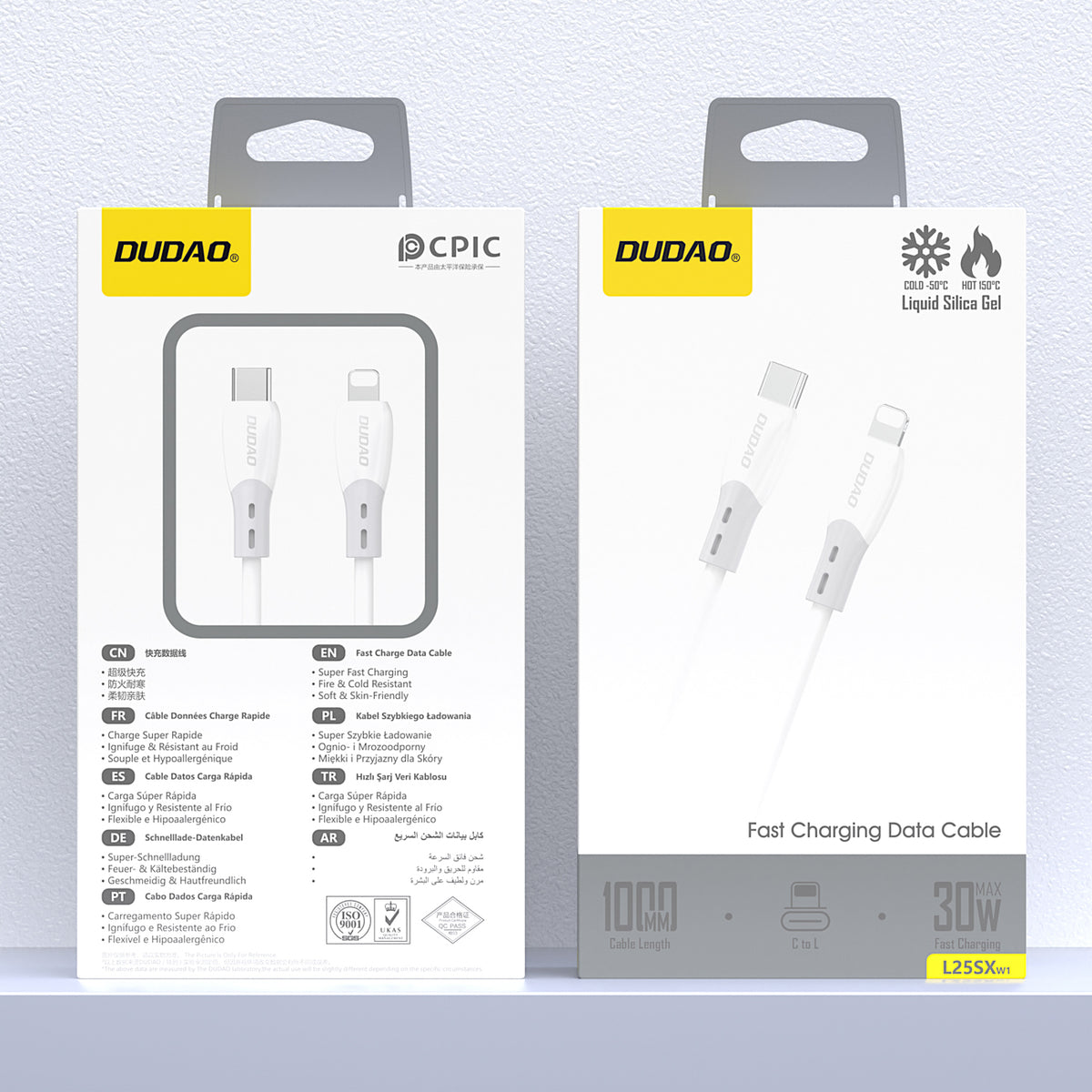 Dudao Laidas L25SX USB-C - Lightning 30W 1m su minkštu silikoniniu pynimu - baltas