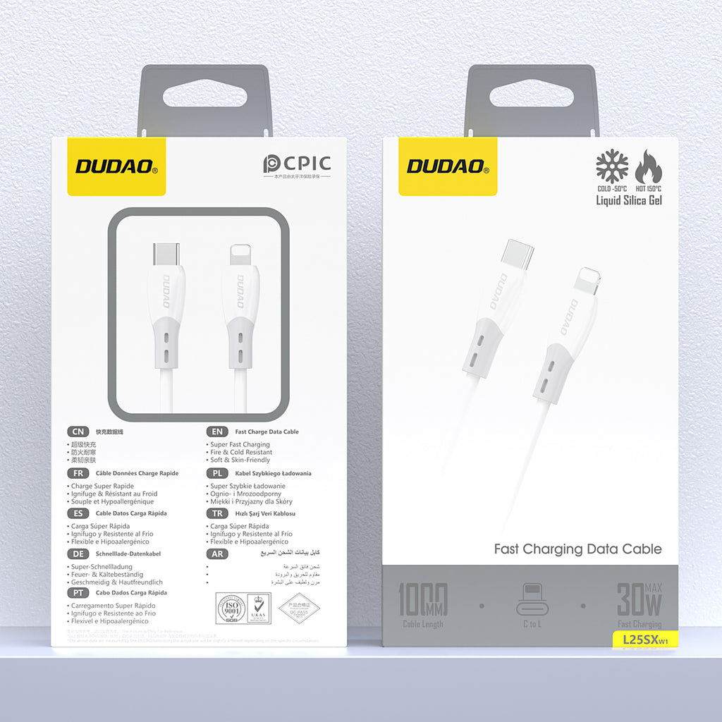 Dudao Laidas L25SX USB-C - Lightning 30W 1m su minkštu silikoniniu pynimu - baltas