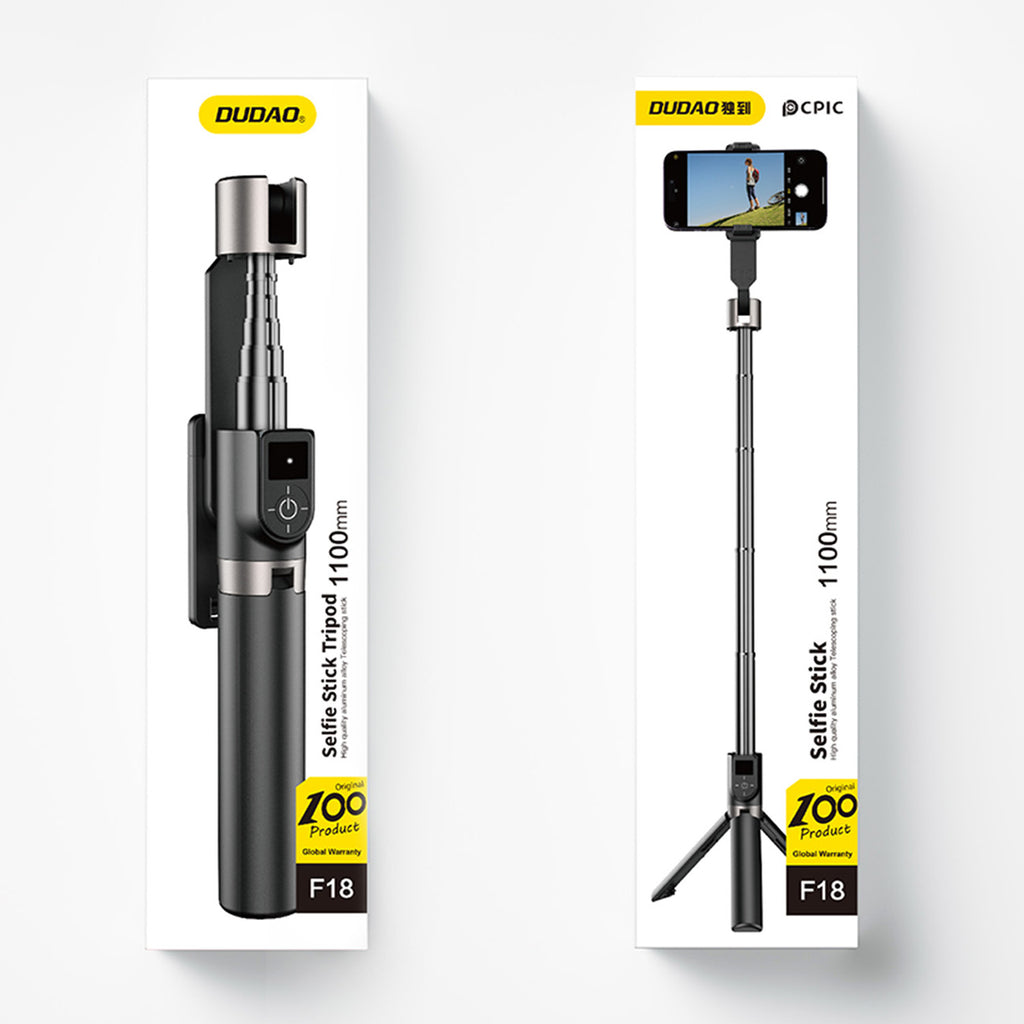 Dudao F18 Selfie Lazdelė 1,1 m su Trikoju ir Bluetooth Nuotolinio Valdymo Pulteliu – Juoda -- Selfie Sticks & Tripods