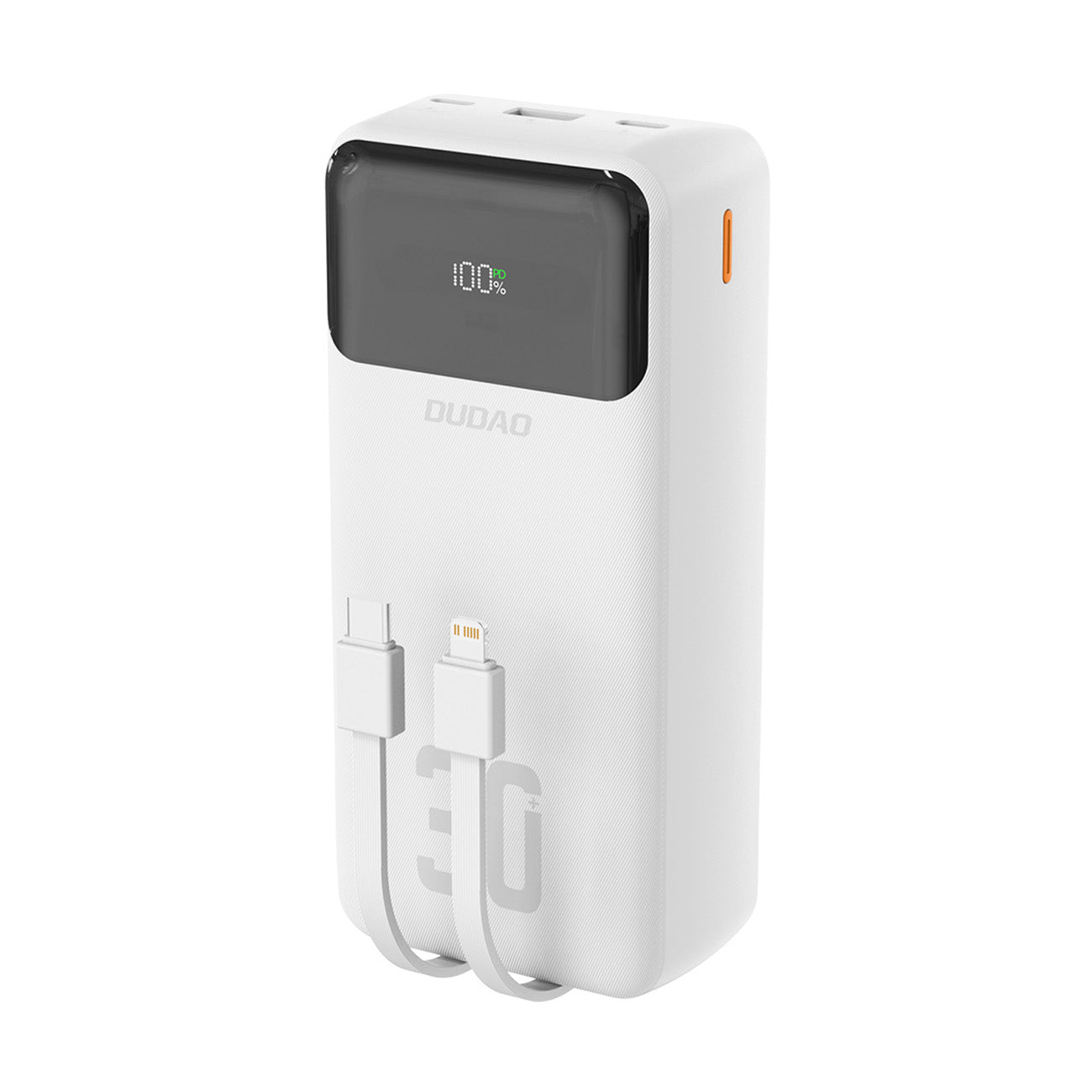 Dudao K15Max išorinė baterija 30000mAh PD 22.5W su USB-C ir Lightning laidais - balta