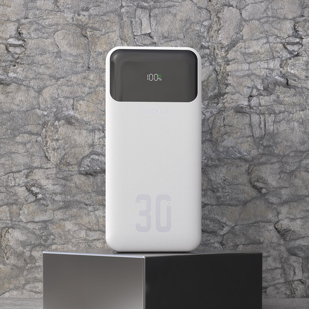 Dudao K15Max išorinė baterija 30000mAh PD 22.5W su USB-C ir Lightning laidais - balta