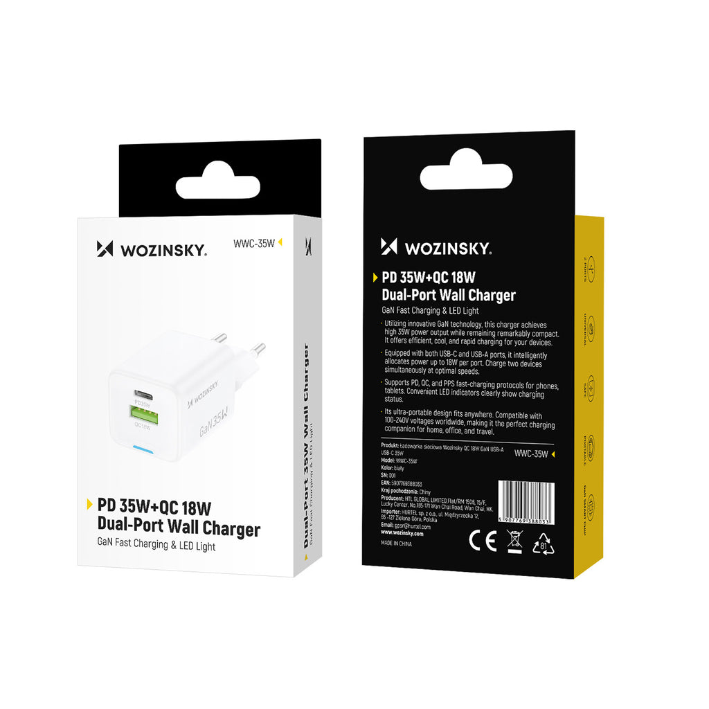 Wozinsky WWC-35W GaN USB-A + USB-C sieninis įkroviklis - baltas -- Cell phone chargers