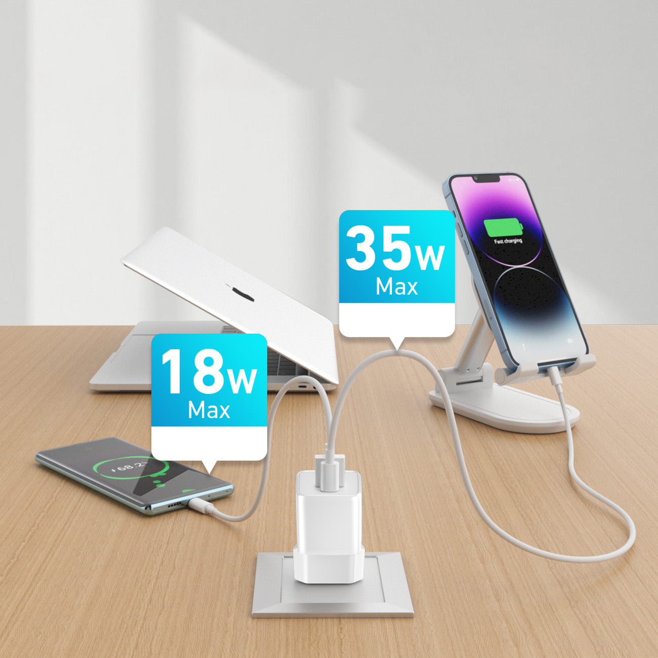 Wozinsky WWC-35W GaN USB-A + USB-C sieninis įkroviklis - baltas -- Cell phone chargers