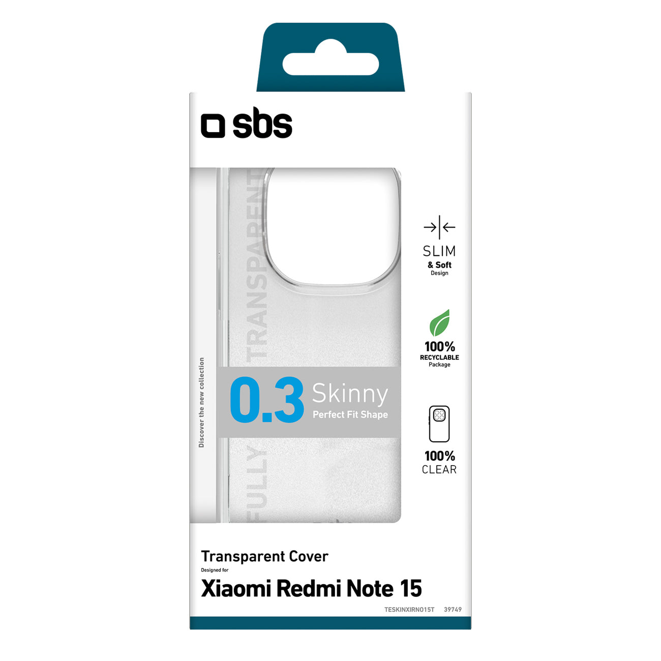 SBS Skinny viršelis, skirtas Xiaomi Redmi Note 15 - transparent