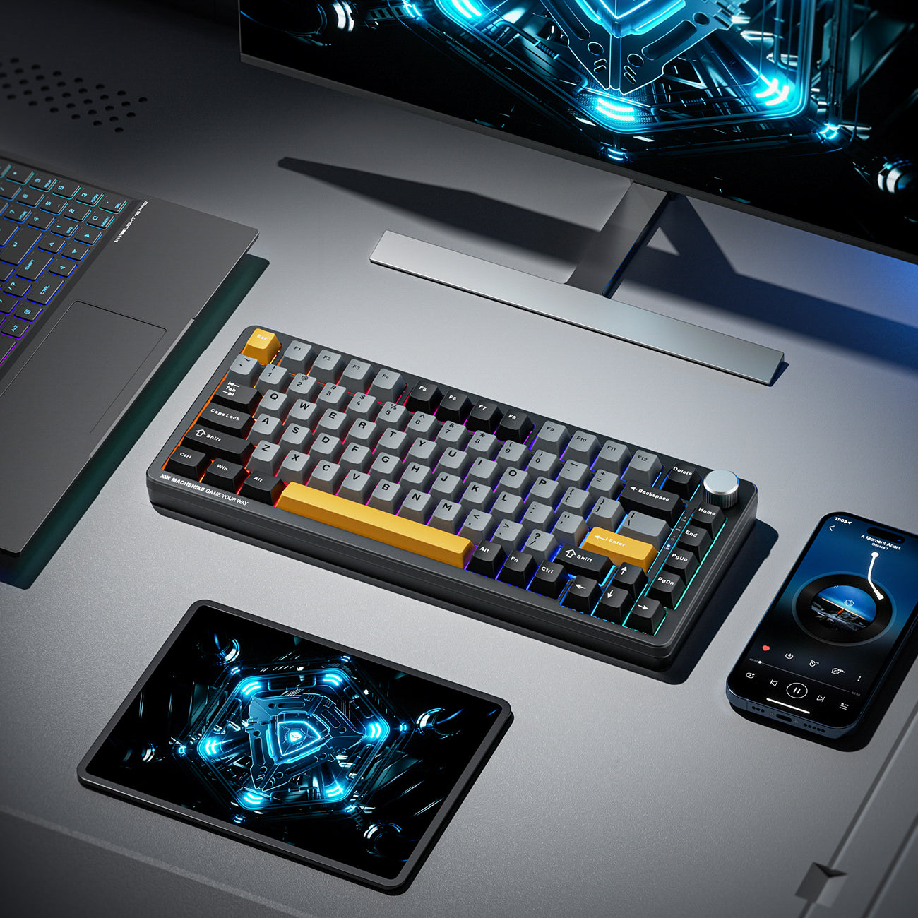 Machenike K600-B82W laidinė mechaninė foniniu šviesa leidiama žaidimo klaviatūra GR Silver Switch - juoda -- Gaming...