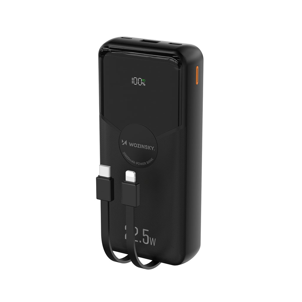 Wozinsky WFC-15B 20000mAh 22.5W PD20W powerbankas su integruotais Lightning ir USB-C kabeliais - Juodas -- Powerbanks