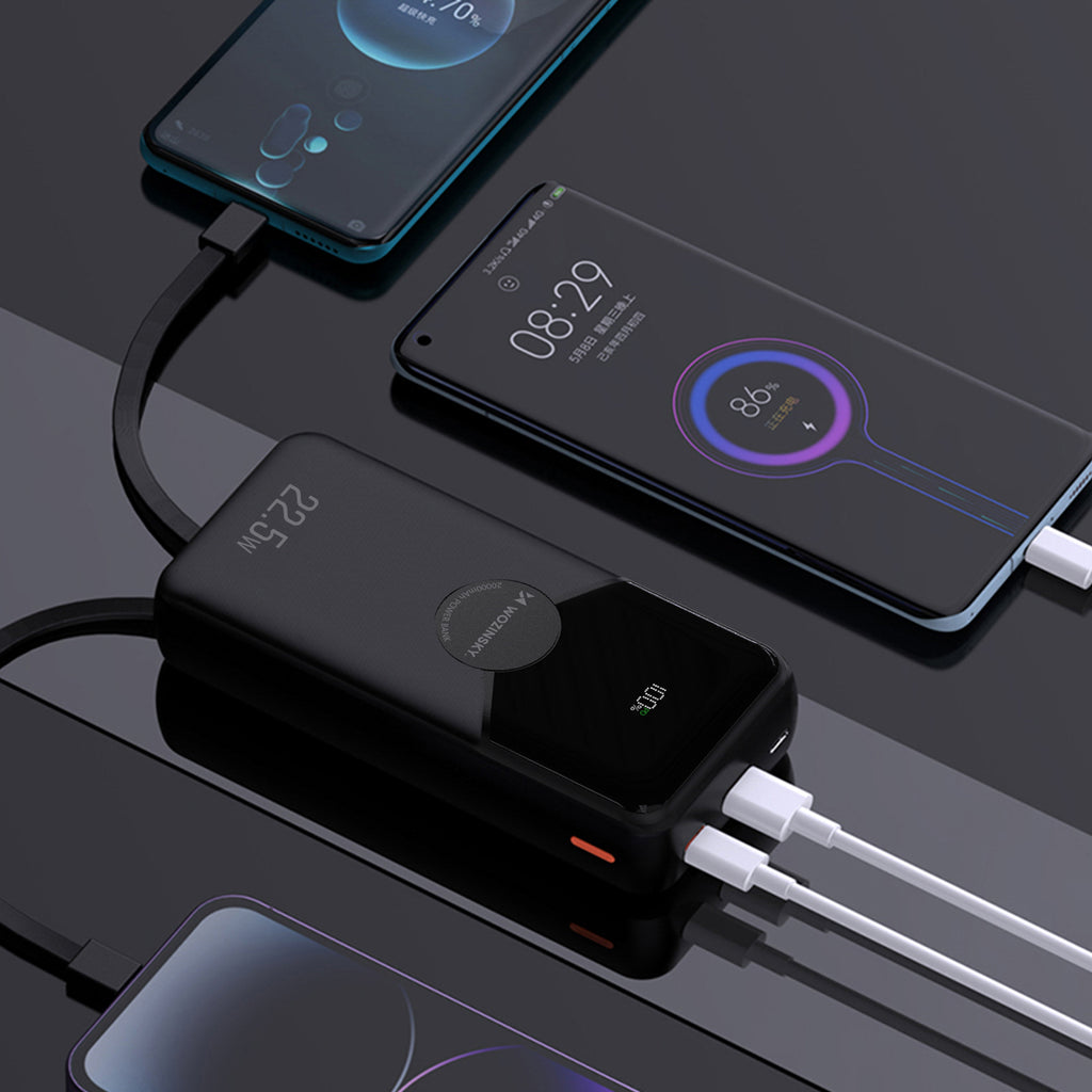 Wozinsky WFC-15B 20000mAh 22.5W PD20W powerbankas su integruotais Lightning ir USB-C kabeliais - Juodas -- Powerbanks