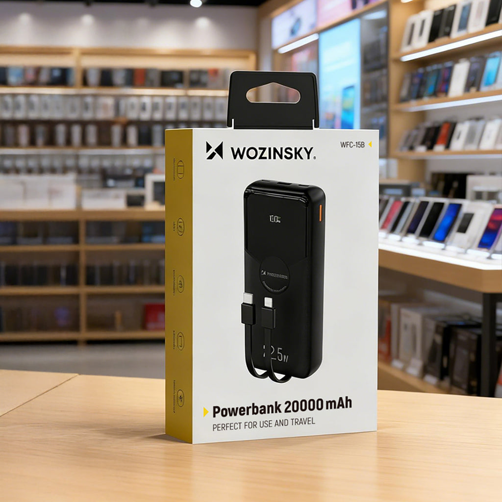 Wozinsky WFC-15B 20000mAh 22.5W PD20W powerbankas su integruotais Lightning ir USB-C kabeliais - Juodas -- Powerbanks