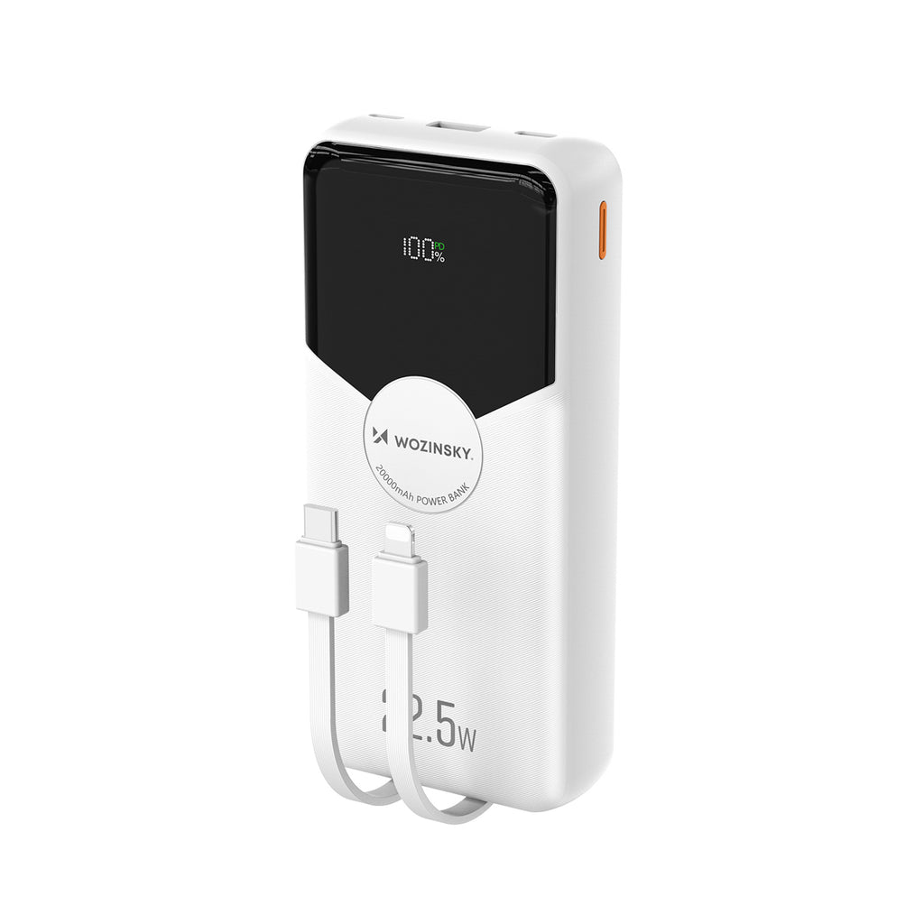 Wozinsky WFC-15W 20000mAh 22.5W PD20W PowerBank su integruotais Lightning ir USB-C kabeliais – Baltas -- Powerbanks