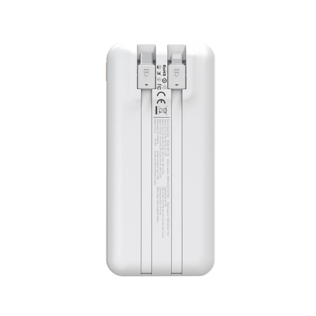 Wozinsky WFC-15W 20000mAh 22.5W PD20W PowerBank su integruotais Lightning ir USB-C kabeliais – Baltas -- Powerbanks
