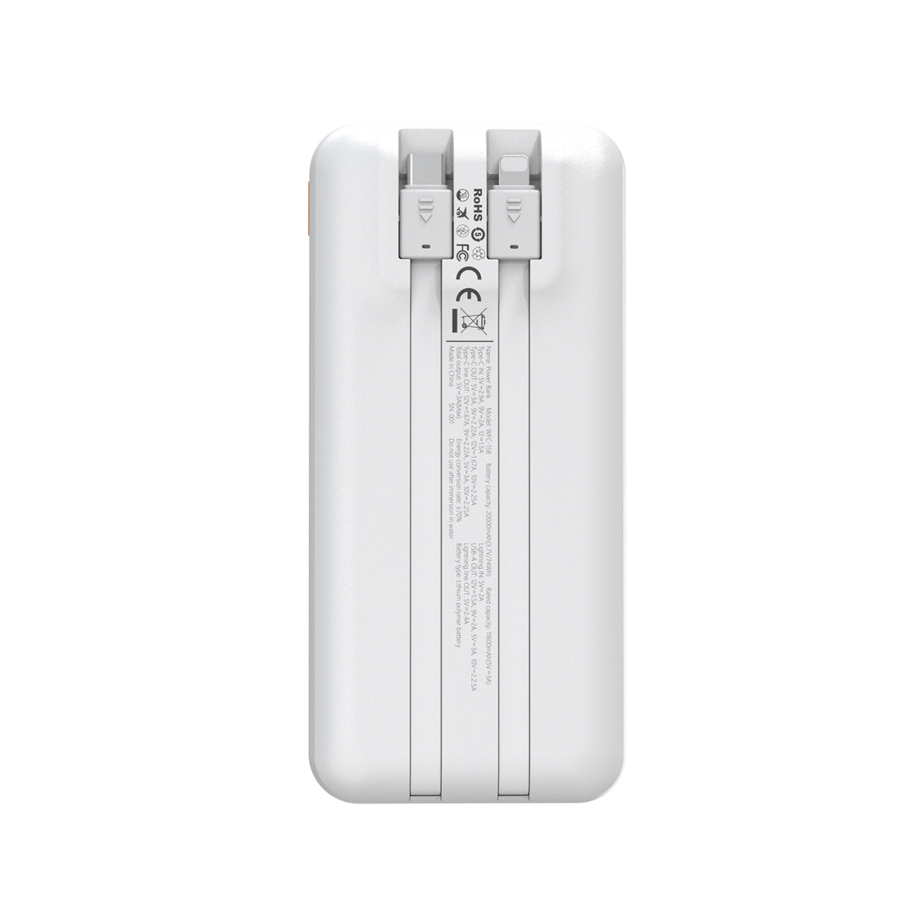 Wozinsky WFC-15W 20000mAh 22.5W PD20W PowerBank su integruotais Lightning ir USB-C kabeliais – Baltas -- Powerbanks