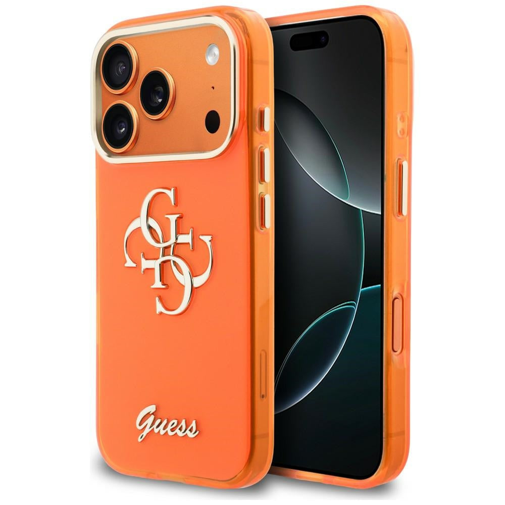 Guess IML 4G Script metalinis dėklas, skirtas iPhone 17 Pro - Orange