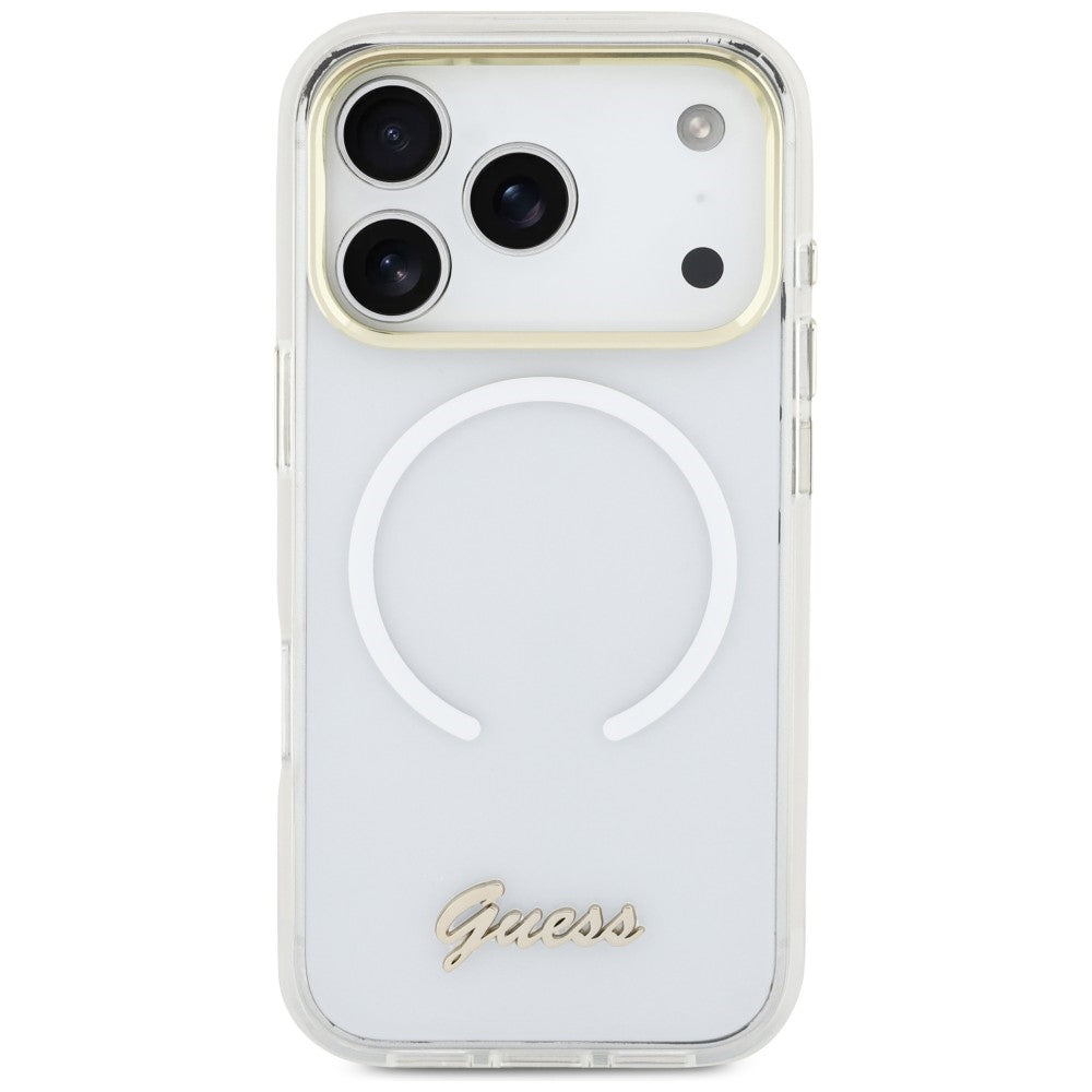 Guess IML Gradient Script Metal MagSafe Dėklas, skirtas iPhone 17 Pro - White