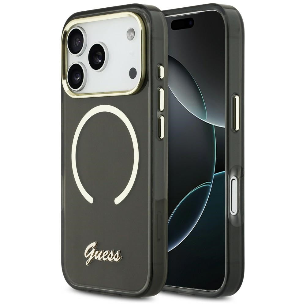 Guess IML Script Metal MagSafe Dėklas, skirtas iPhone 17 Pro - Black