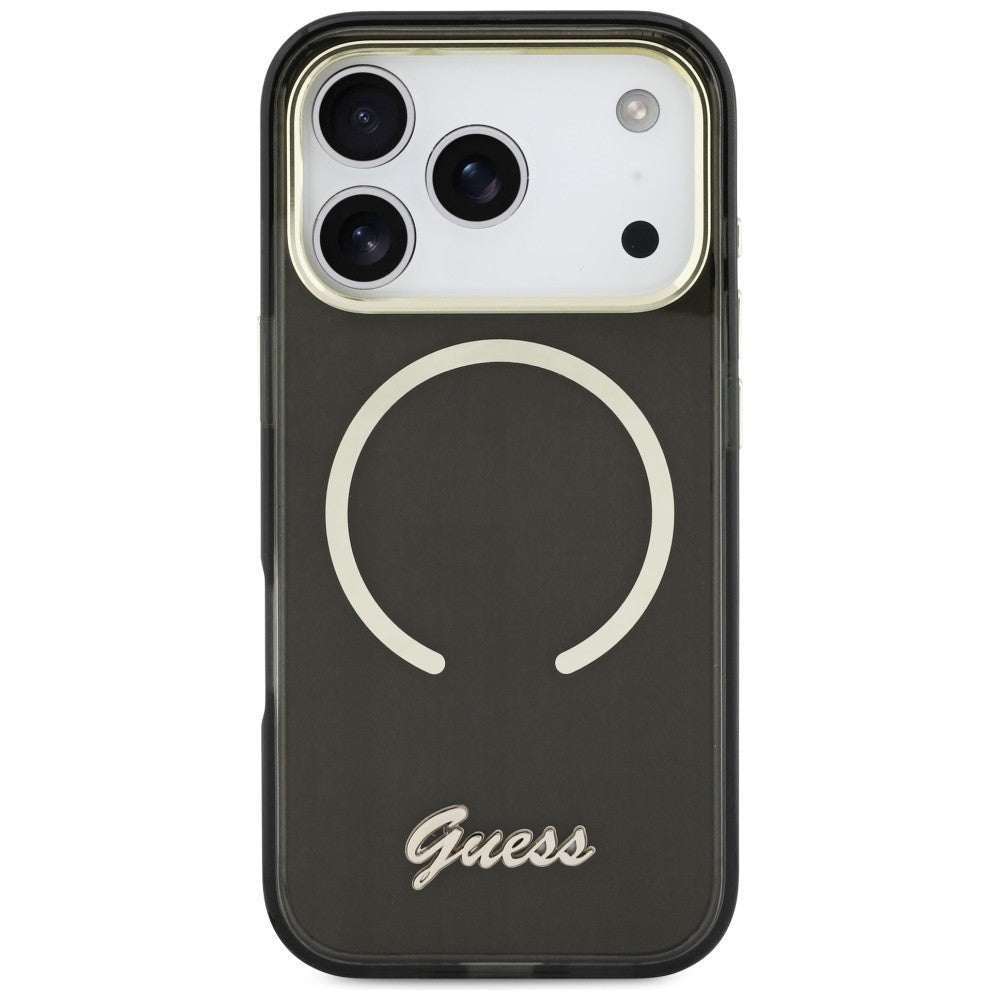 Guess IML Script Metal MagSafe Dėklas, skirtas iPhone 17 Pro - Black