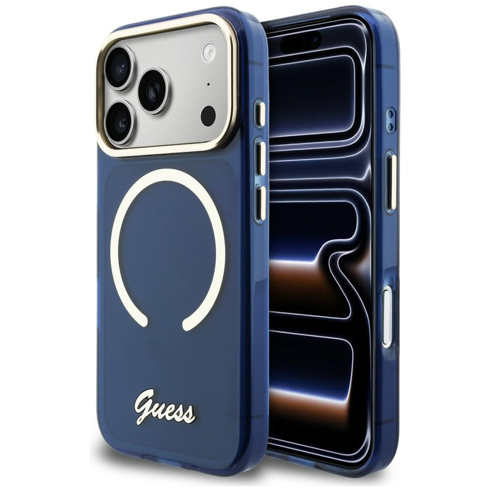 Guess IML Script Metal MagSafe Dėklas, skirtas iPhone 17 Pro Max - Blue