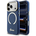Guess IML Script Metal MagSafe Dėklas, skirtas iPhone 17 Pro Max - Blue