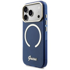 Guess IML Script Metal MagSafe Dėklas, skirtas iPhone 17 Pro Max - Blue