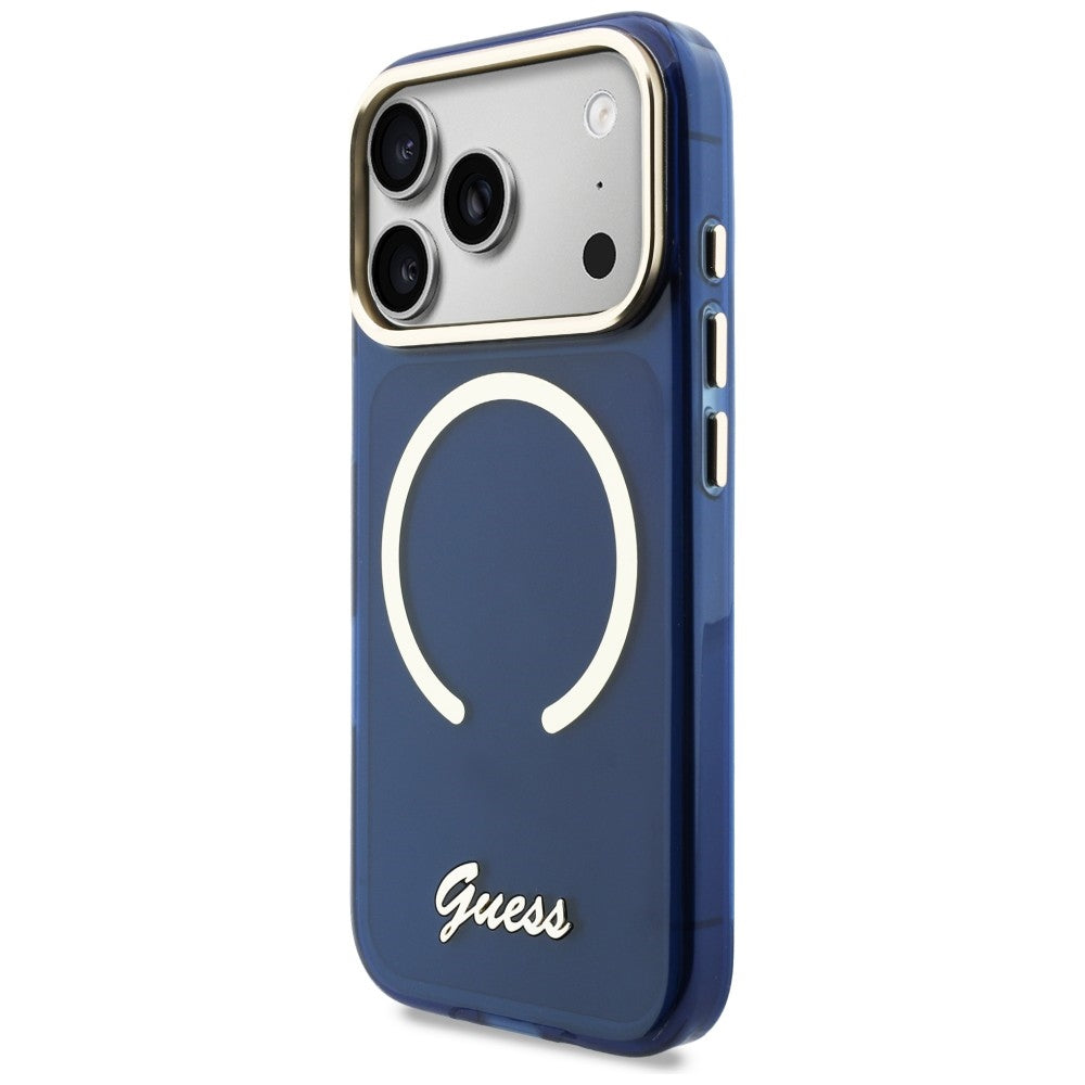 Guess IML Script Metal MagSafe Dėklas, skirtas iPhone 17 Pro Max - Blue