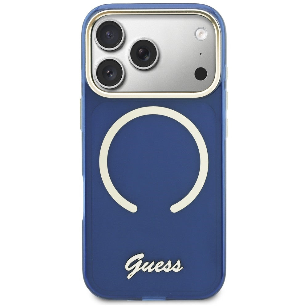 Guess IML Script Metal MagSafe Dėklas, skirtas iPhone 17 Pro Max - Blue