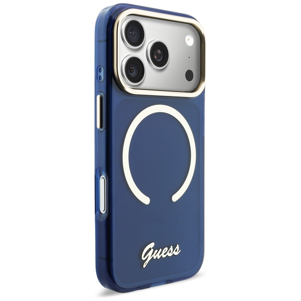 Guess IML Script Metal MagSafe Dėklas, skirtas iPhone 17 Pro Max - Blue