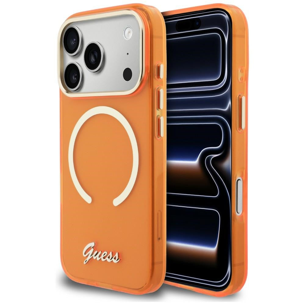 Guess IML Script Metal MagSafe Dėklas, skirtas iPhone 17 Pro Max - Orange