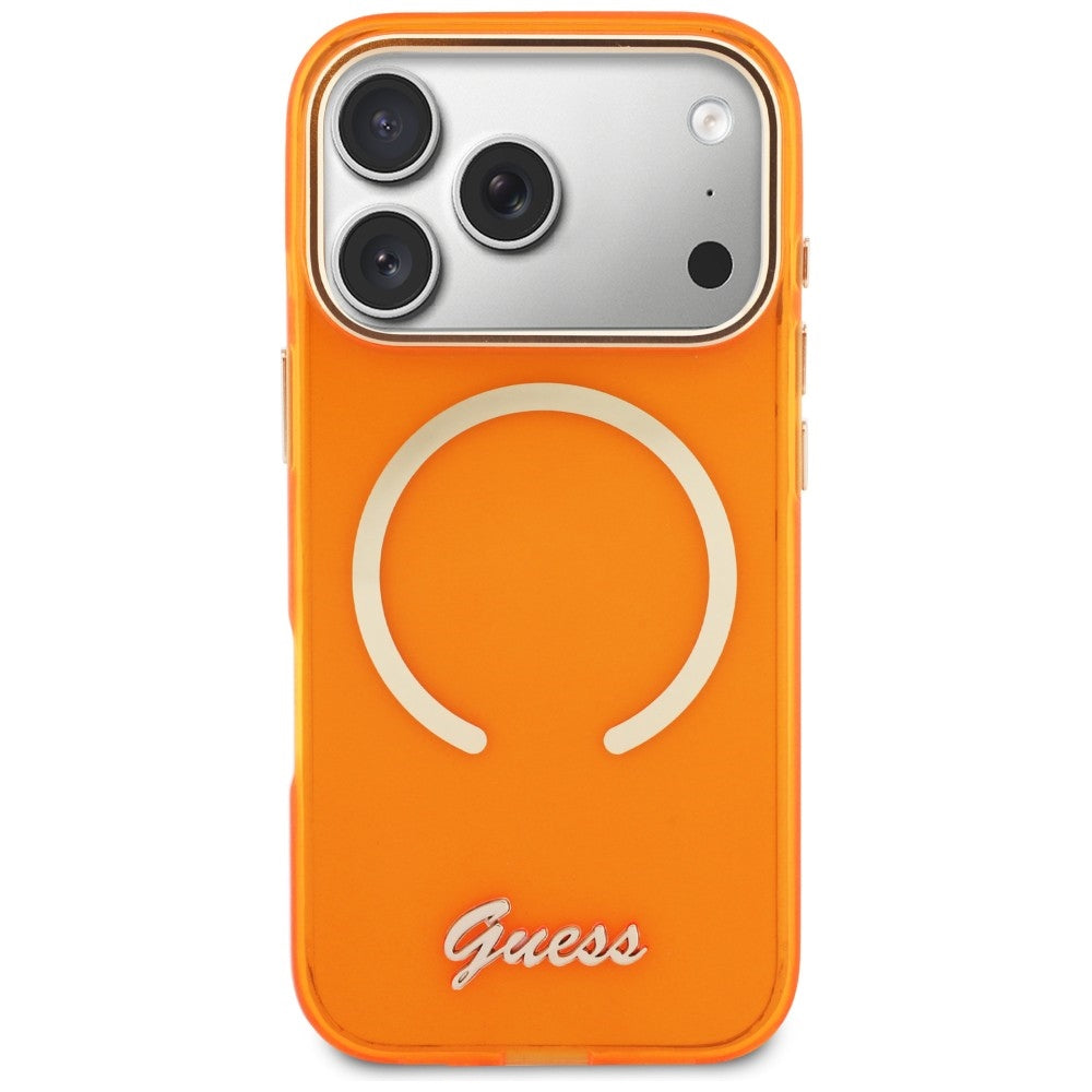 Guess IML Script Metal MagSafe Dėklas, skirtas iPhone 17 Pro Max - Orange